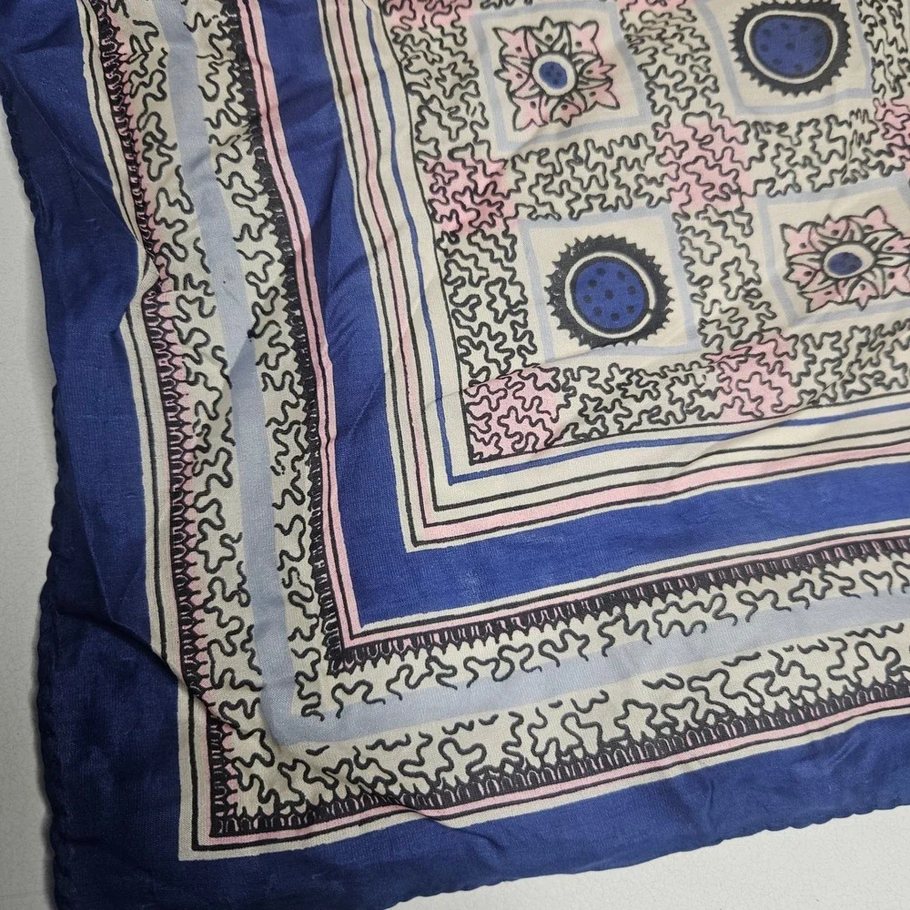 Vintage Pure Silk Scarf Water Repellent Blue‎ Pink Geometric Medallion Square